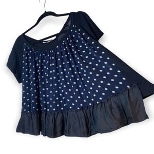 HACHE Wool Navy Blue Polka Dot Loose Fit Ruffle Hem Top